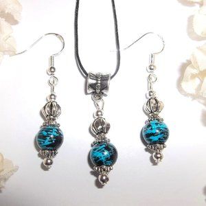 Funky Necklace Set Jewelry Earring Blue Black Matching Colorful Gift Idea 6677